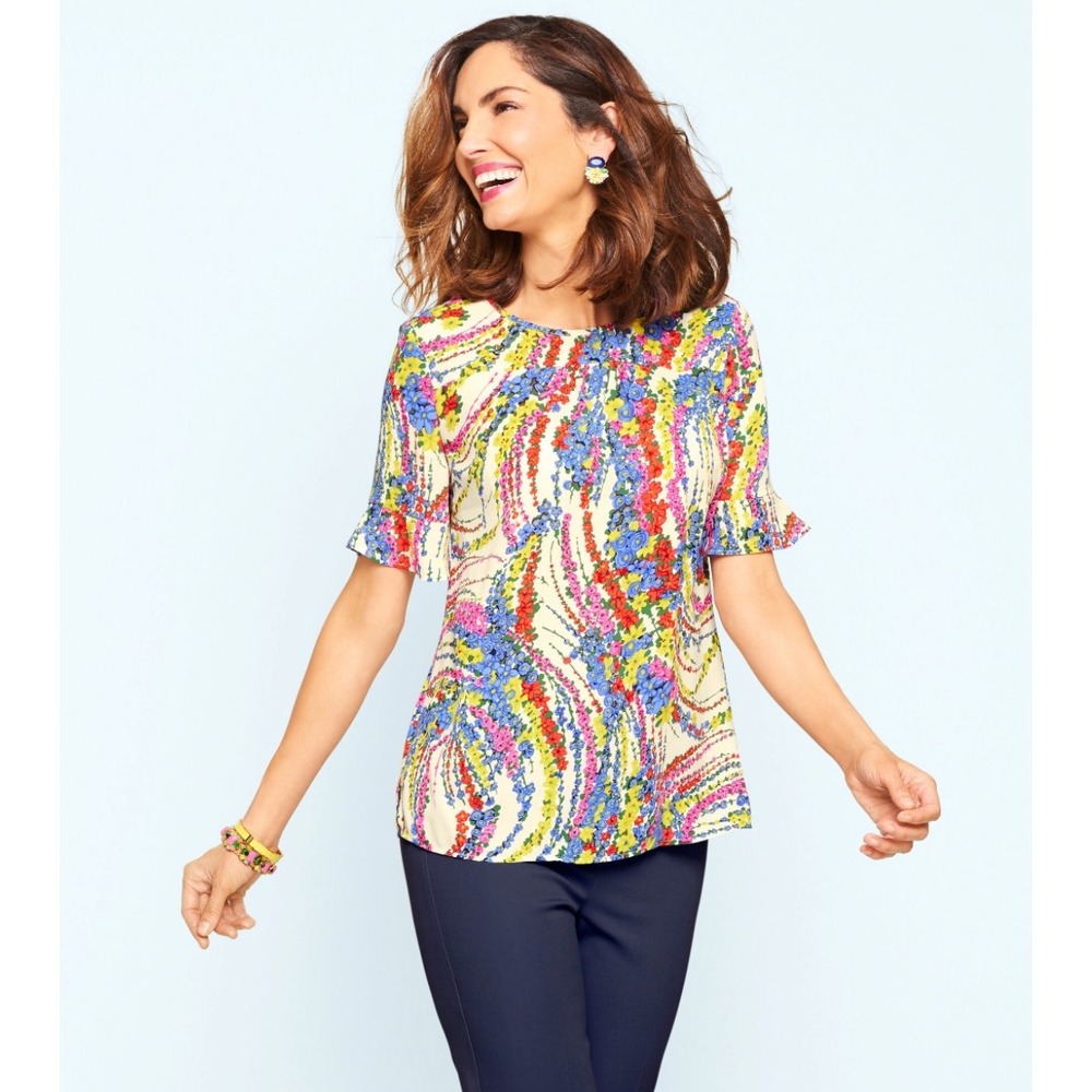 Talbots Womens Medium Floral Flutter Sleeve Blouse Colorful Swirl Print Top